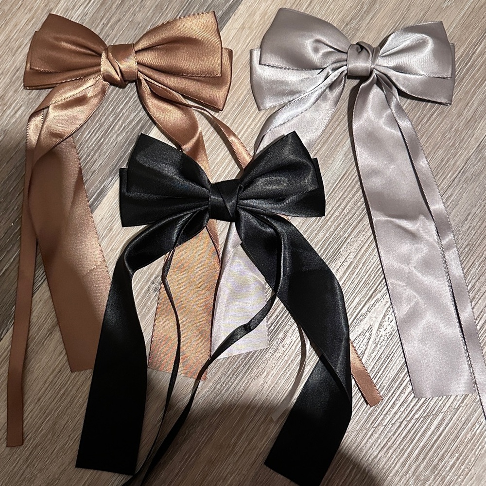 SHEIN Satin Hair Bow Trio in Black, Silver, and Tan